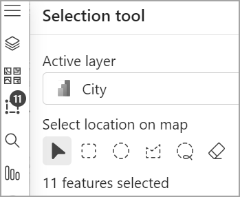 Selection tool pane with 11 features selected