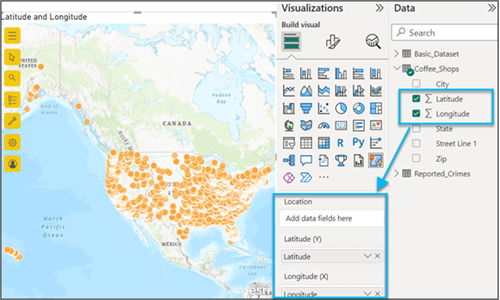 Map with Visualizations pane with Location, Latitude, and Longitude field wells