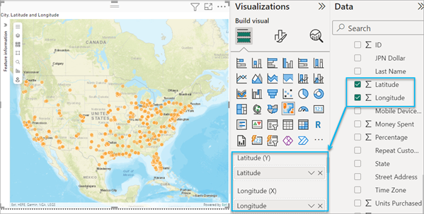 Map with Visualizations pane with Location, Latitude, and Longitude field wells