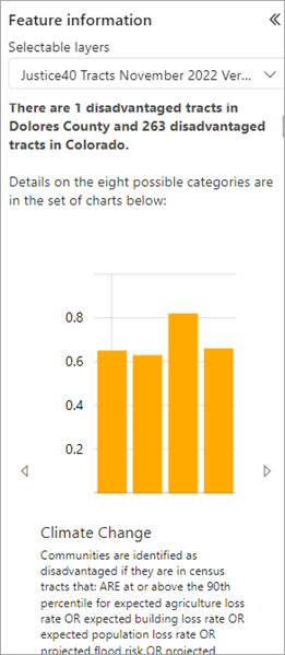Feature information pane with Justice40 Tracts for Dolores County, Colorado, USA