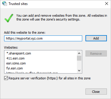 Trusted sites pane