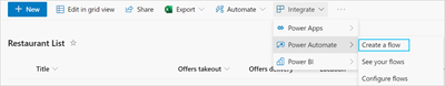 Create a flow option on the Power Automate drop-down menu