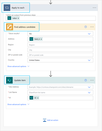 Find address candidate and Update item connectors enclosed in Apply to each action