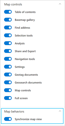 Synchronize map view toggle button in the Map controls section of the ArcGIS pane