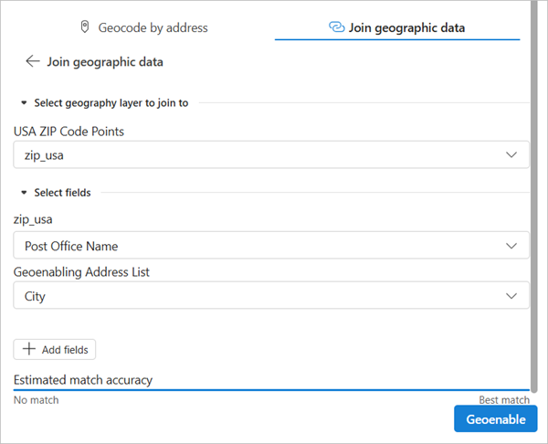 Join geographic data in the Geoenable pane