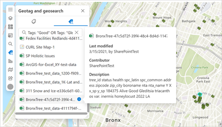 Documents in the Geosearch documents pane match the feature geotags