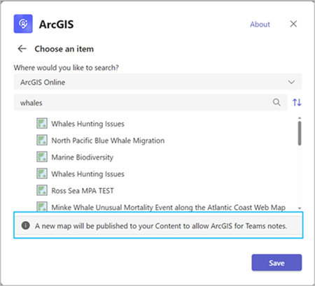 ArcGIS for Teams Choose an item pane