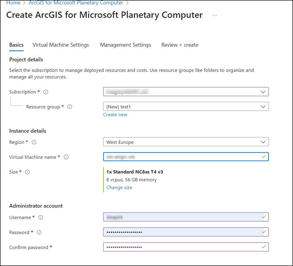 Basics tab in the Create ArcGIS for Microsoft Planetary Computer window