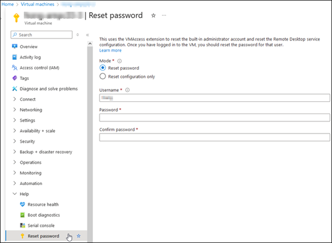 Reset password pane