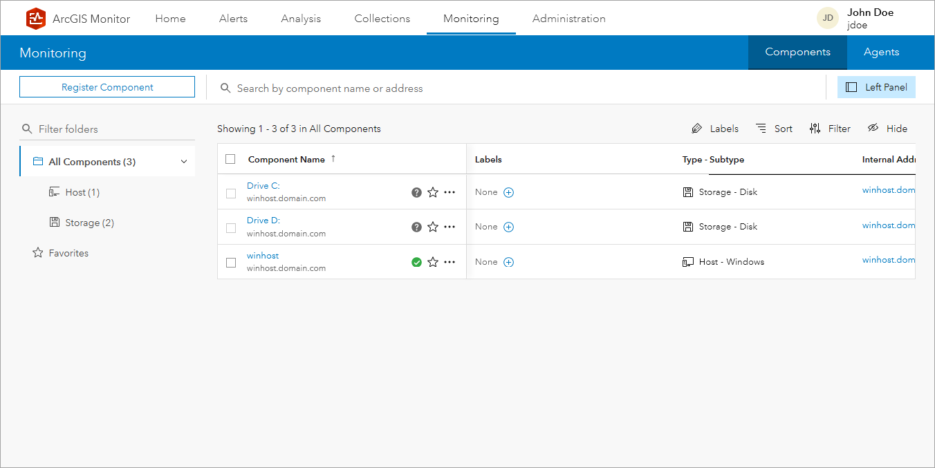 Monitoring page with a list of components