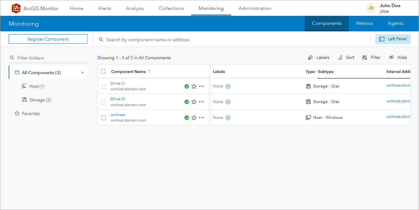 Monitoring page with a list of components