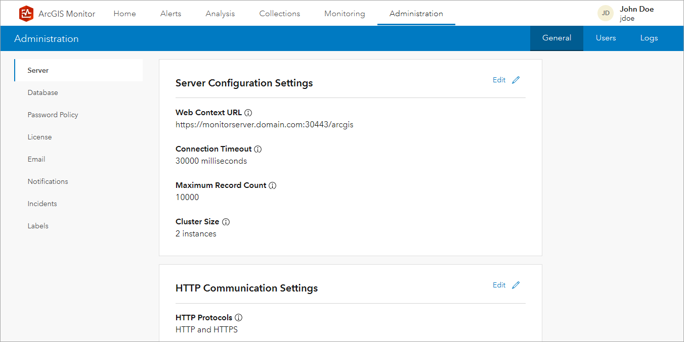 Monitor Administration page with server and HTTP communication settings