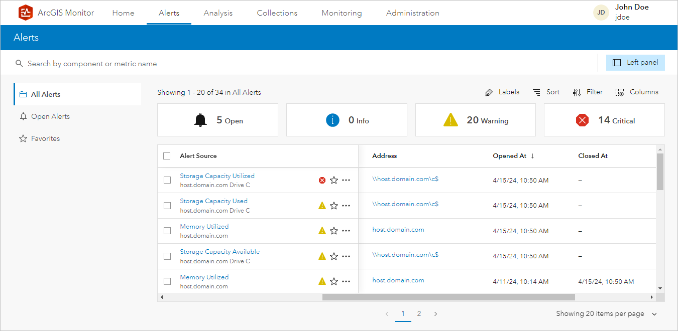 Alerts page with a list of alerts Alerts page with a list of alerts