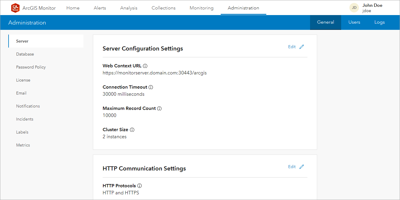 Administration page with server and HTTP communication settings