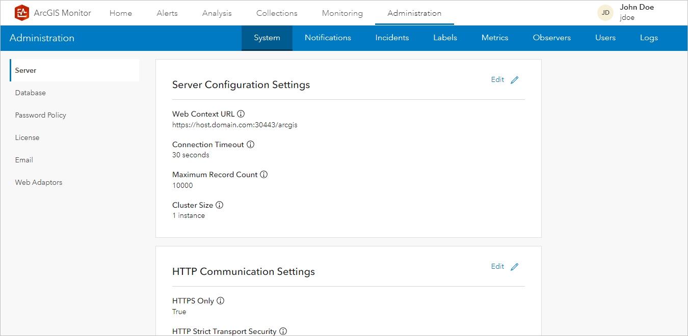 Administration page with server and HTTP communication settings