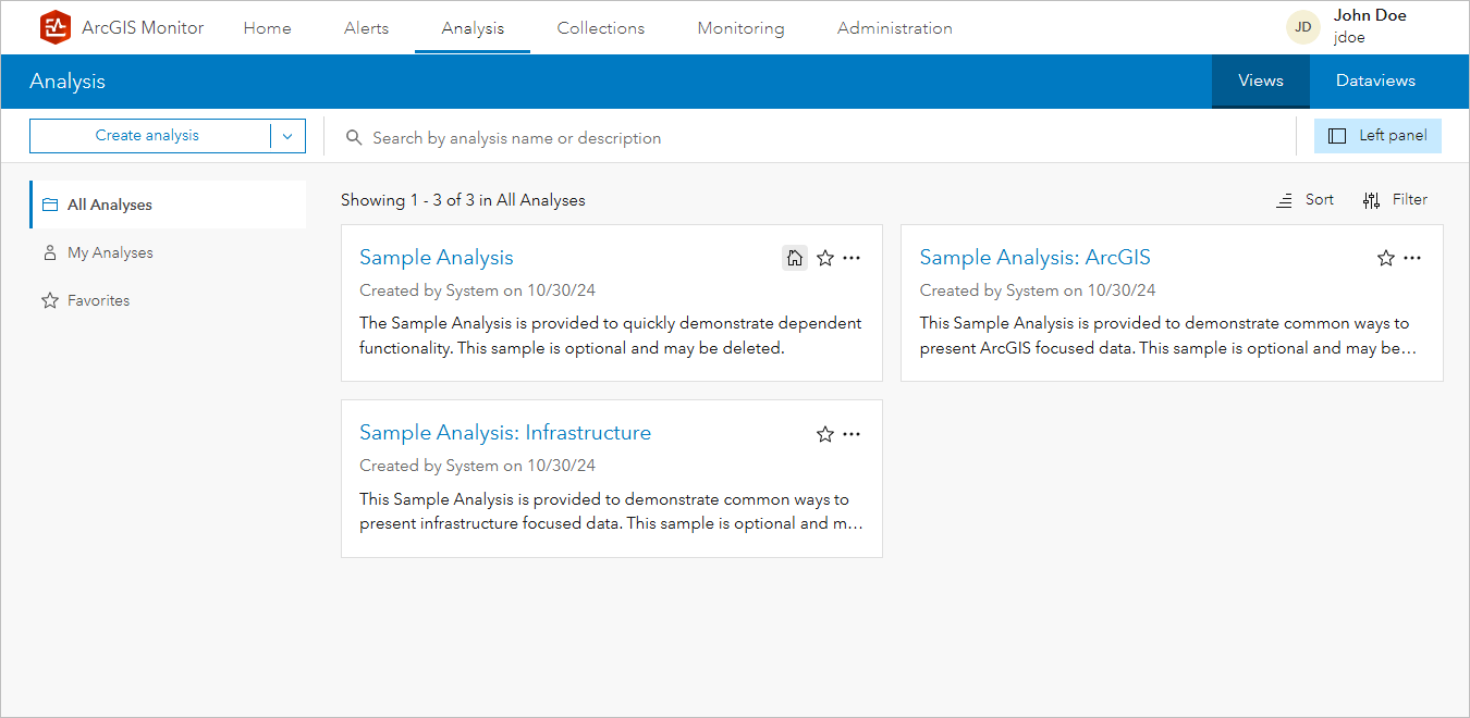 Analysis page with a list of analysis views