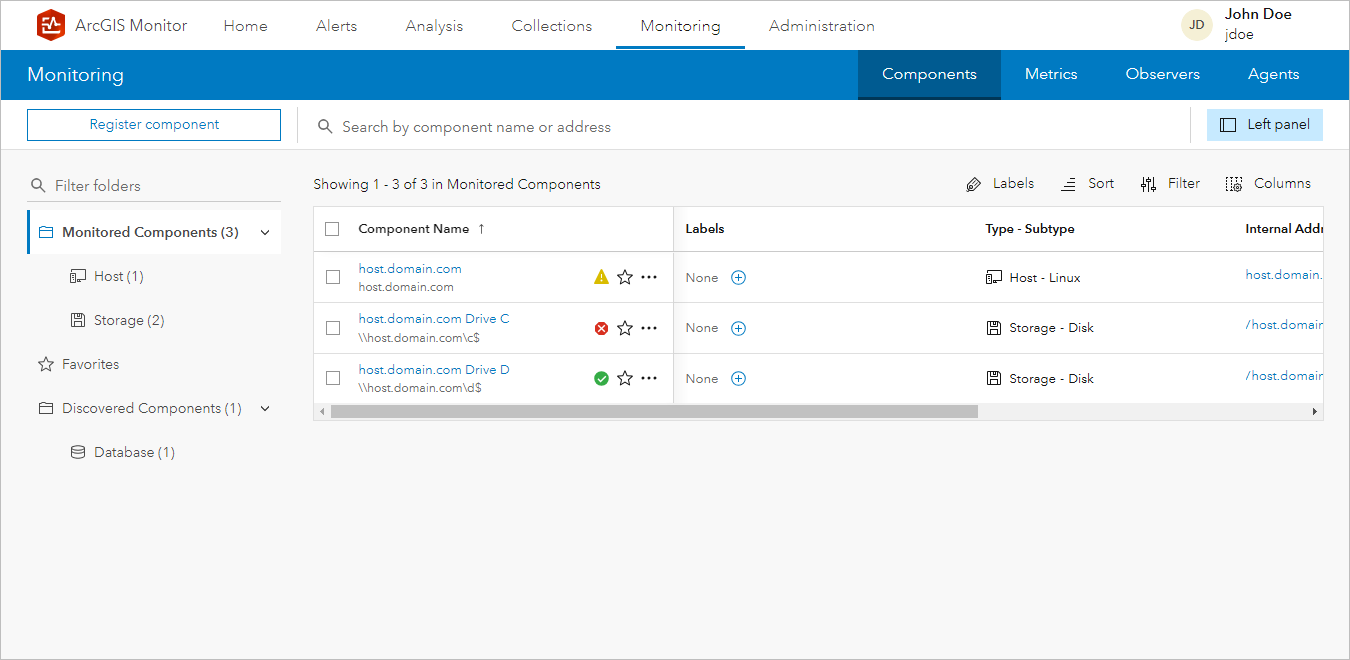 Monitoring page with a list of components