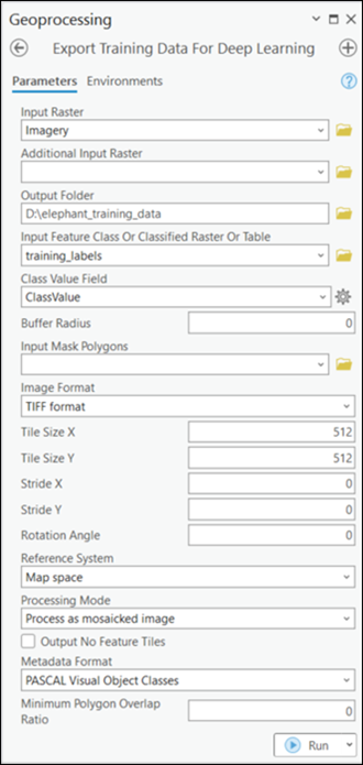Export Training Data For Deep Learning tool parameters