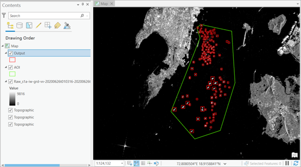 Results from the Detect Ships using SAR data tool