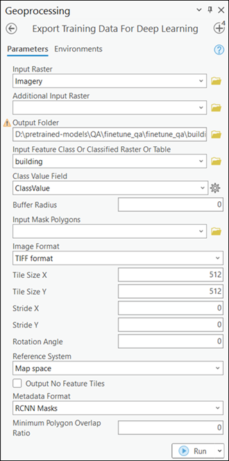Export Training Data For Deep Learning tool parameters