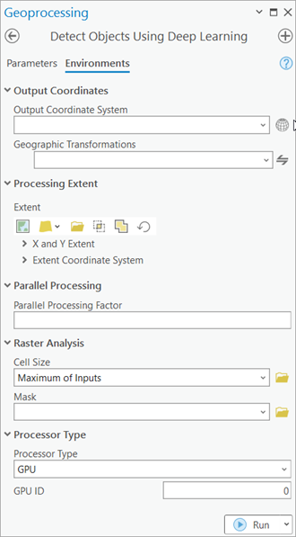 Detect Objects Using Deep Learning tool Environments tab