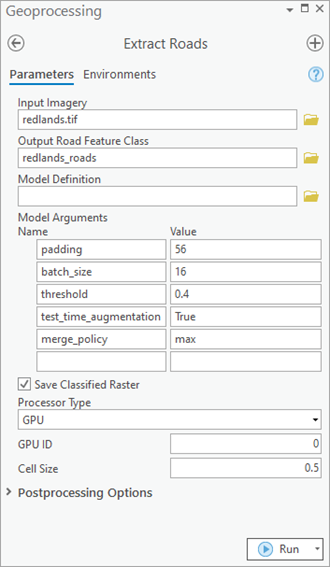 Extract Roads tool parameters and environments