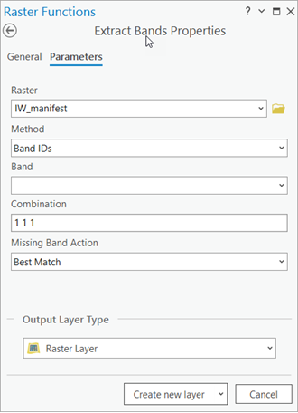 Extract bands parameters tab