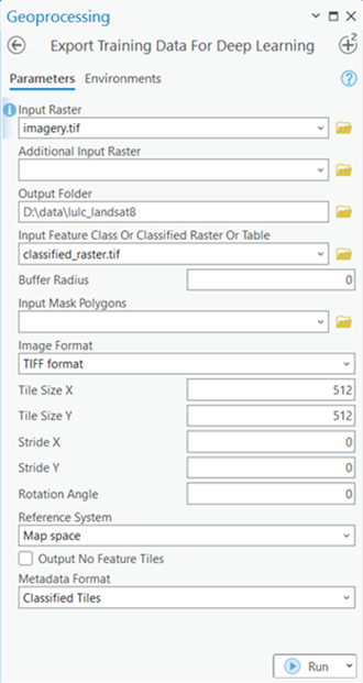 Export Training Data For Deep Learning tool parameters
