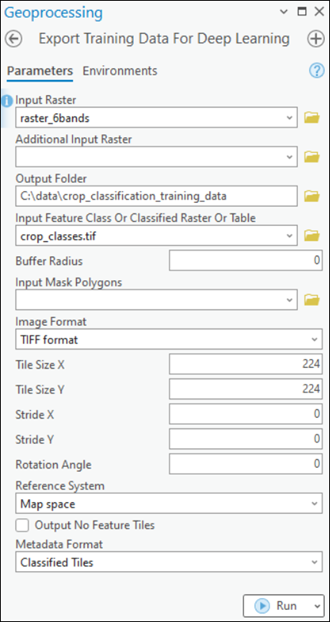 Export Training Data for Deep Learning tool parameters