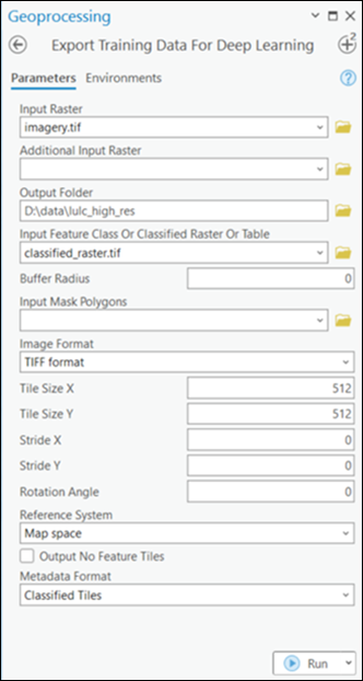 Export Training Data For Deep Learning tool parameters