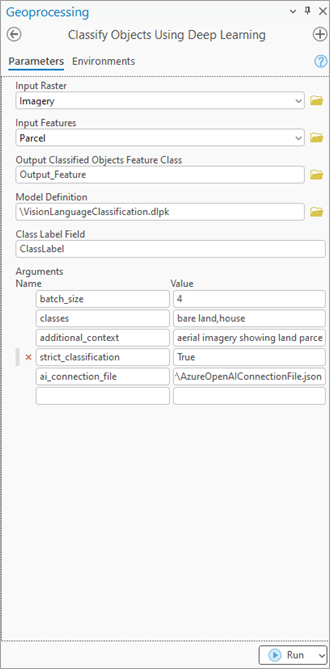 Classify Objects Using Deep Learning tool Parameters tab