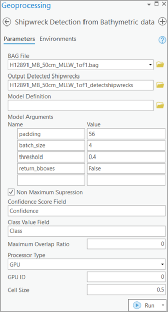 Shipwreck Detection from Bathymetric data tool parameters