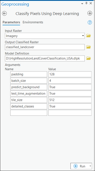 Classify Pixels Using Deep Learning Parameters tab