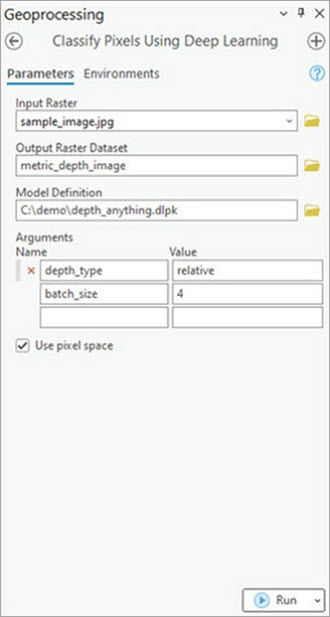 Classify Pixels Using Deep Learning tool Parameters tab