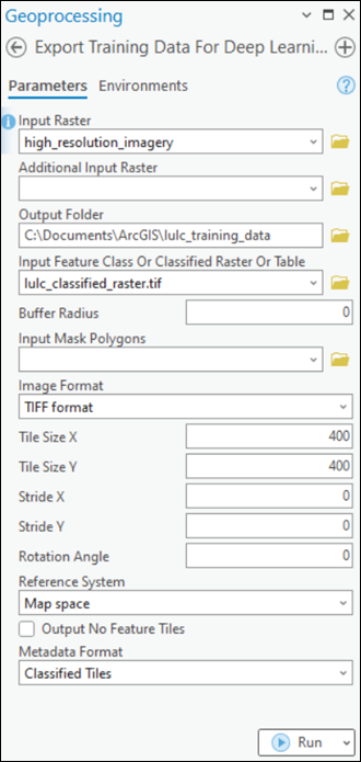 Export training data tool parameters