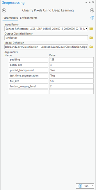 Classify Pixels Using Deep Learning tool Parameters tab