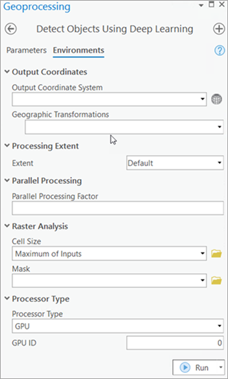 Detect Objects Using Deep Learning tool Environments tab