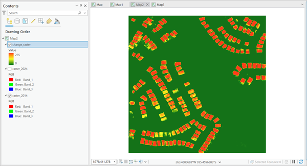 Detected changes in buildings