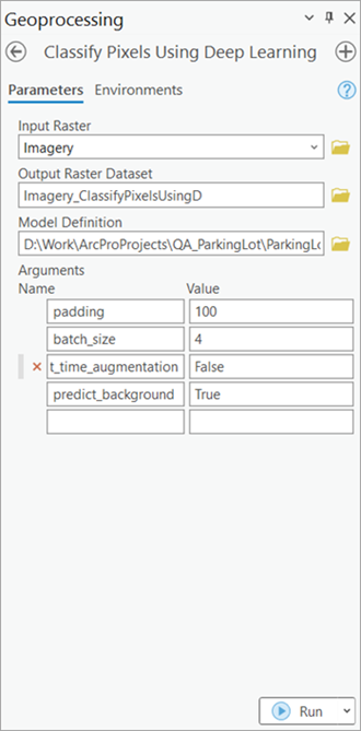 Classify Pixels Using Deep Learning tool Parameters tab
