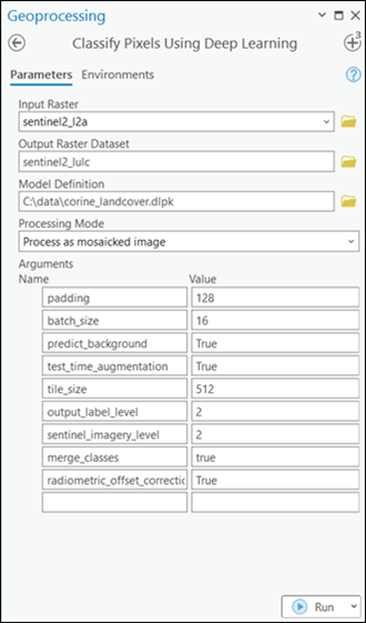 Classify Pixels Using Deep Learning Parameters tab