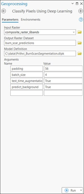 Classify Pixels Using Deep Learning tool Parameters tab