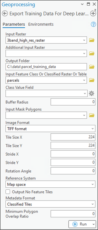 Export Training Data For Deep Learning tool parameters