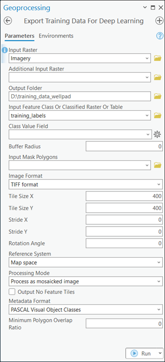 Export Training Data For Deep Learning tool parameters