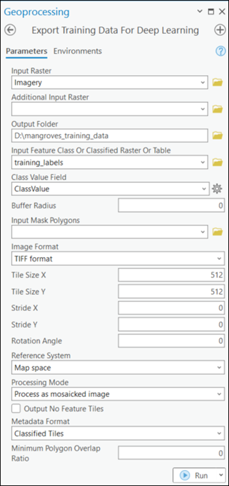 Export Training Data For Deep Learning tool parameters
