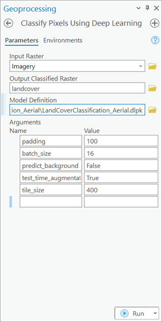 Classify Pixels Using Deep Learning tool Parameters tab