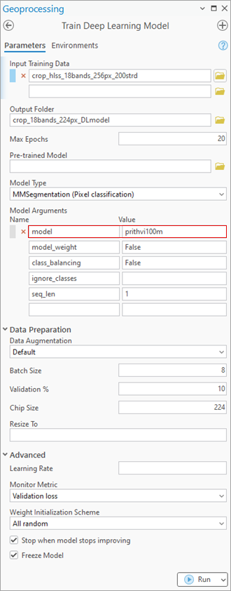 Parameters tab in Train Deep Learning Model tool