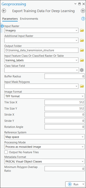 Export Training Data For Deep Learning tool parameters