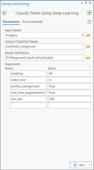 Classify Pixels Using Deep Learning tool Parameters tab