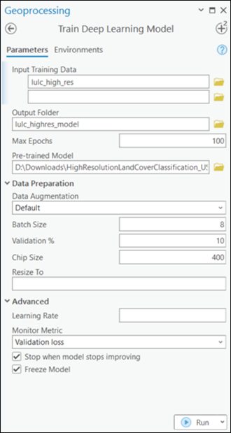 Train Deep Learning Model tool parameters