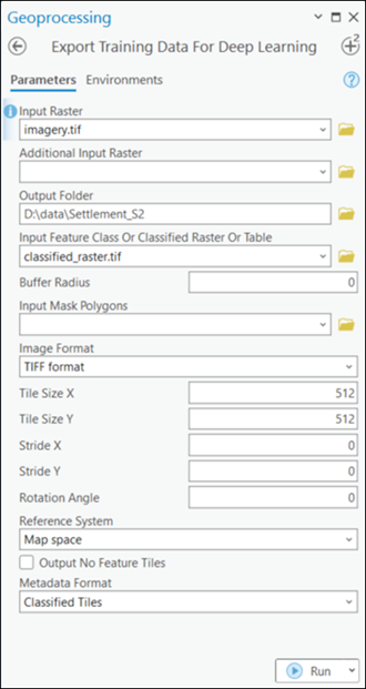 Export Training Data For Deep Learning tool parameters